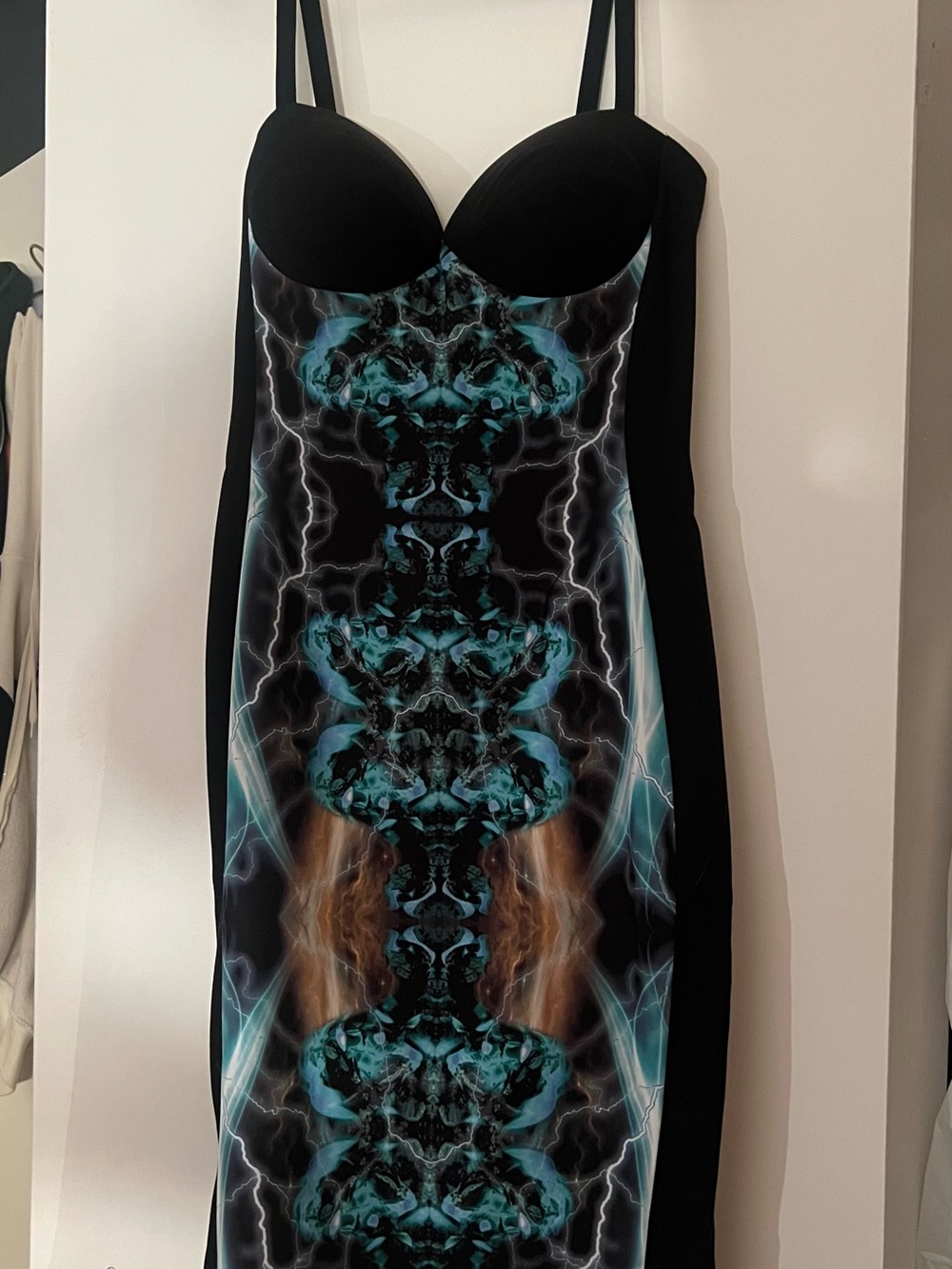 Black Midi Dress with Teal Lightning Print